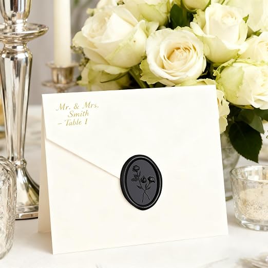 UNIQOOO Wax Seal Stickers - 3D Flower Oval Shape Wedding Invitation Envelope Seal Stickers, 50 Pcs Self- Adhesive Black Stickers, Perfect for Invitation, Christmas, Gift Wrapping