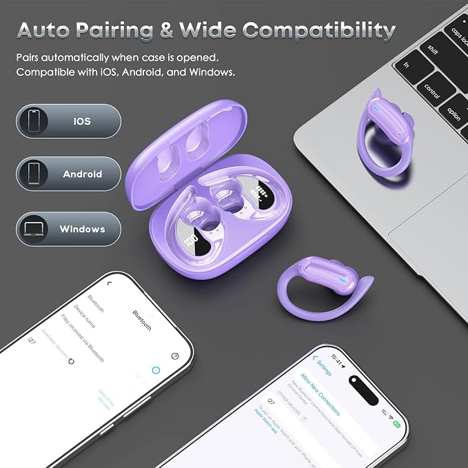 TRAUSI Wireless Earbuds Bluetooth Headphones, 54H Playtime Stereo Over Ear Buds with ENC Noise Cancelling, LED Power Display, IPX7 Waterproof Sport Earphones wih Earhooks for Running/Workouts Purple