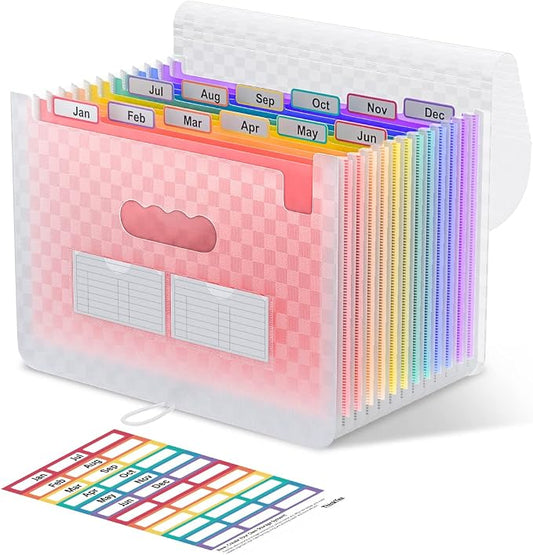 ThinkTex Accordion File Organizer, 12 - Pocket Expanding File Folders for Paper Receipts, Bills & Taxes Organizer, Letter/A4 Size Document Holder for School, Office, Home with Colorful tabs- Pink