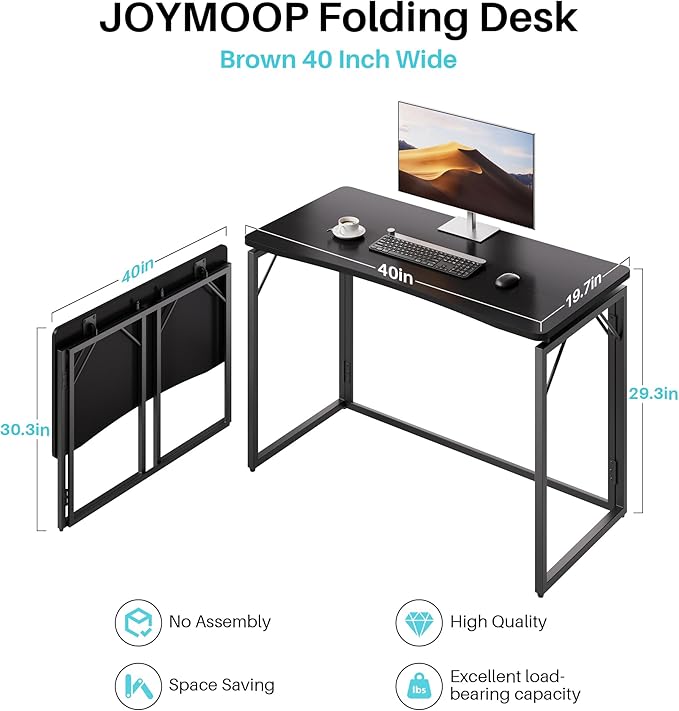 JOYMOOP Black 40" Folding Desk, No Assembly Small Foldable Desk for Home, Office, Wooden Top Folding Computer Desk for Working, Writing, Studying - Middle Size