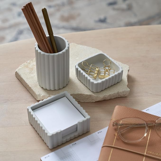 Aesthetic Desk Organizer Set of 3 For Your Office - Sturdy Concrete Desktop Accessories For Women Enhance Any Office Decor - Set incl. Pen Holder, Paperclip Storage & Sticky Note Holder for Teacher