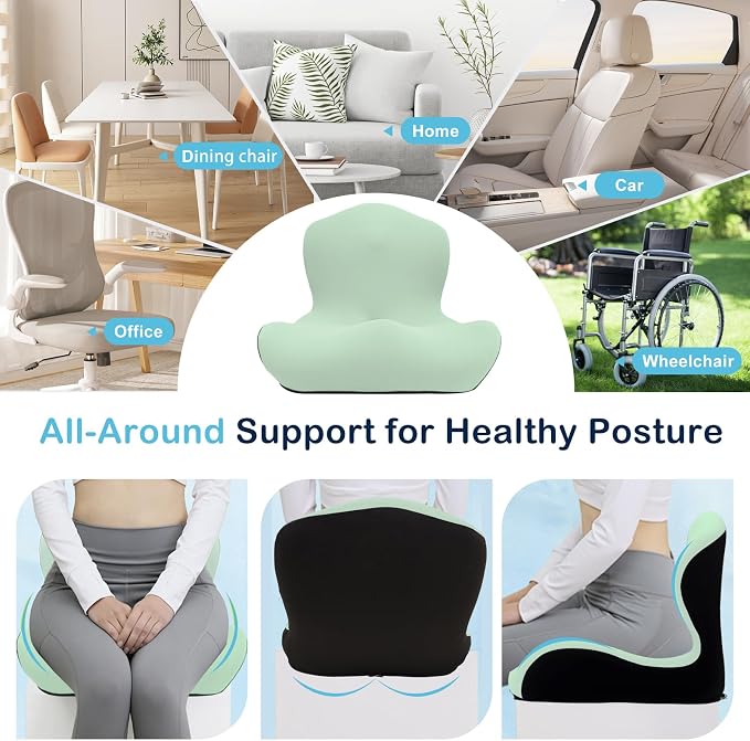 Seat Cushion, Office Chair Cushion, L-Shaped Ergonomic Car Seat Cushions, Memory Foam Chair Cushion, Lumbar Support Pillow for Wheelchair, Car, Home, Office, Desk, Green