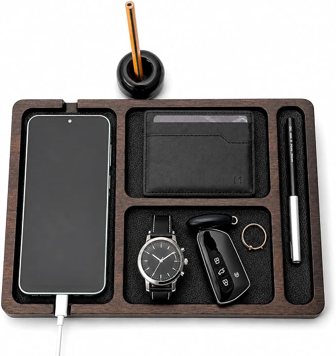 Desk Organizer Tray for Men with Ceramic Pen Holder, Wooden Valet Tray, Minimalist EDC Desk Organizer for Phone, Wallet, & Keys, Nightstand Bedside, Entryway, Birthday Gift for Him