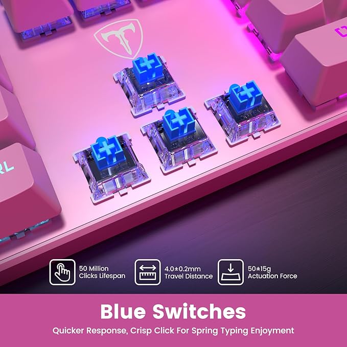 RisoPhy Mechanical Gaming Keyboard, RGB 104 Keys Ultra-Slim Backlit USB Wired Keyboard with Blue Switch, Durable ABS Keycap/Anti-Ghosting/Spill-Resistant Mechanical Keyboards for PC Mac Xbox Game,Pink