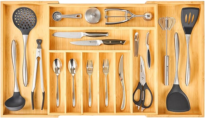 Extra Large Expandable Kitchen Siverware Utensils Drawer Organizer, 19" Deep for Big Drawer, Adjustable Bamboo Wood Drawer Divider with Curved Grooves, Cutlery Tray Flatware Holder