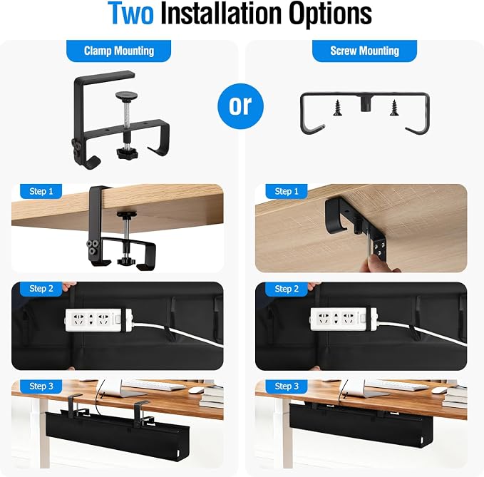 Under Desk Cable Management Tray, 36-Inch Heavy Duty No-Drill Clamp & Screw Mount Cord Organizer, Holds Power Strip & Large Adapters for Home Office, Gaming Desk, Study Room