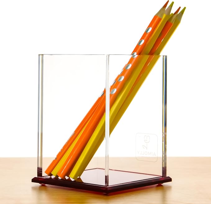 Red Acrylic Pencil Pen Holder Cup, Desk Accessories Holder,Makeup Brush Storage Organizer, Modern Design Desktop Stationery Organizer for Office School Home Supplies, 3.1x 3.1x 4.3 inch