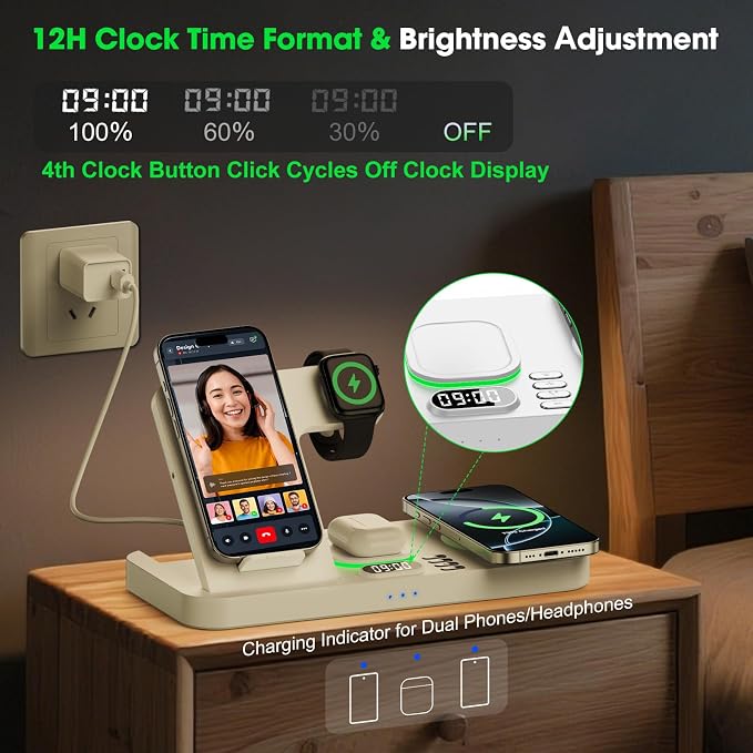 Dual Phone Wireless Charging Station for Apple Devices, Magnetic Charging Station for iPhone with Auto Switch 7-Color Light&Clock, Family Watch Charger for iPhone17 for iWatch11 for AirPods Pro3(White