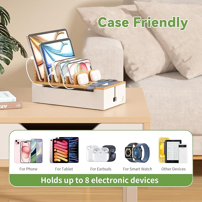 Pezin & Hulin Cable Management Box, Wire Organizer for Cords-Natural+White | Charge Station Box, Desktop Dock Organizer Rack for Electronic Device (Include 6 Cables)(No Power Adapter)