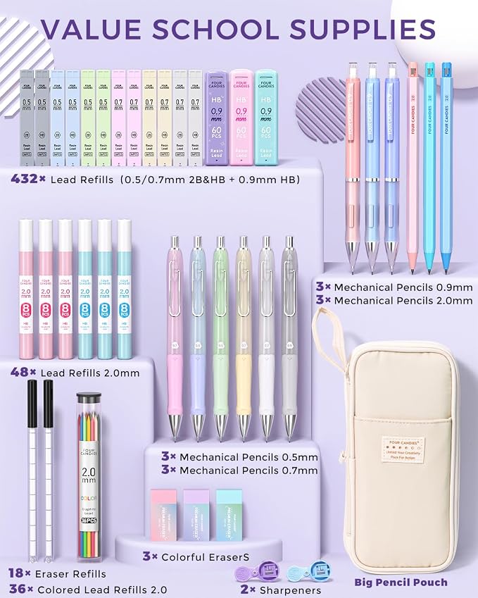 Four Candies 42PCS Aesthetic School Supplies, Mechanical Pencils 0.5mm, 0.7mm, 0.9mm & 2.0mm with 696PCS Lead Refills, Cute Mechanical Pencil Set for Writing, Drawing & Drafting (Cream)