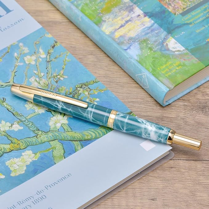 Jinhao 10 Press Fountain Pen with Box, Marble Blue Retractable Fine Nib with Ink Converte Set (Golden Clip)