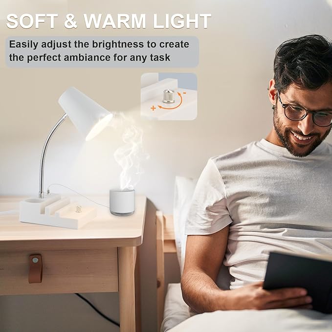 Study Desk Lamp with USB Charging and Type-C Night Light, Gooseneck LED Table Lamp Stepless Dimming Study Table Lamp with Pen Holder for College Dorm Bedroom and Office (White)