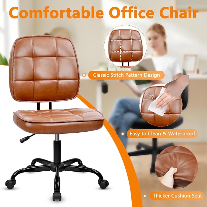 CLATINA Home Office Chair No Arms with Wheels, Armless Small Leather Ergonomic Low Back Desk Chairs Adjustable Height 360° Swivel Rolling Computer Task Chair for Work Conference Room, Brown, 6 Pack