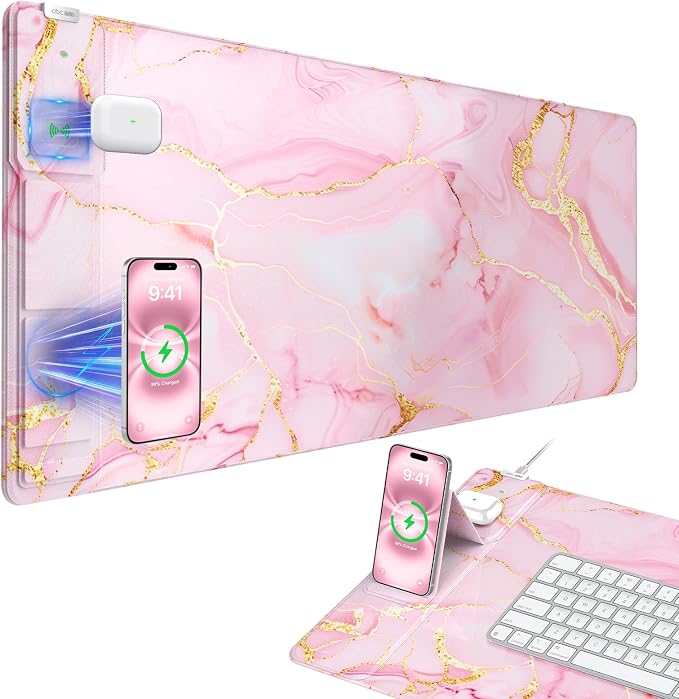 Wireless Charging Mouse Pad with Phone Holder, 31.5"x15.8" in, Pink Marble | Large Desk Mat for Laptop/Keyboard, Waterproof Ultra-Smooth Surface, Non-Slip Base