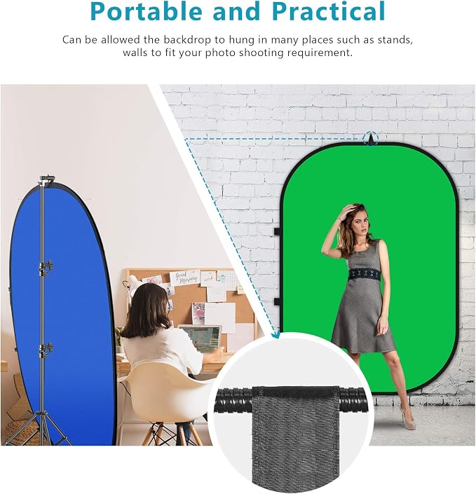 Neewer 5x7ft/1.5x2m Chromakey Foldable Backdrop with Stand 8.5ft/2.6m, 2-in-1 Reversible Green Blue Green Background Panel for Photography Studio, Live Streaming, Video Calls, Games