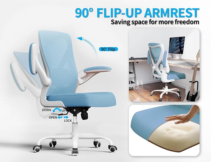 Office Chair Ergonomic Desk Chair Comfy: 330LBS Mesh Computer Chair Ergonomic Gaming Chairs with Wheels Adjustable Lumbar Support and Flip up Armrest-Swivel Executive Chairs Long Hours(Sky Blue)