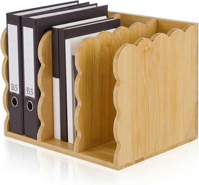 Novabright Scalloped Bamboo File Magazine Holder Desk Organizer, 3 Vertical Compartments Workspace Sorters for Magazines, Binders, Notebooks, Envelopes