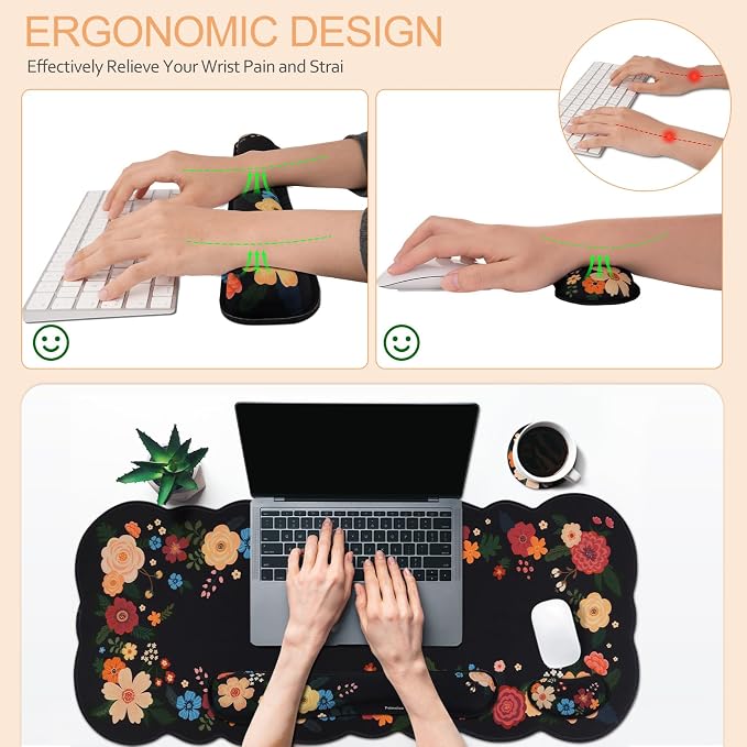 Petmolico Desk Pad Set with Wrist Rest for Keyboard & Mouse, Black Floral | Anti-slip PU base, durable Lycra & memory foam, relieves wrist fatigue, perfect for work, home & daily use