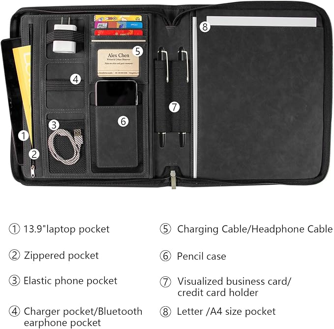 Leather Business Portfolio Organizer 13.4", Padfolio Binder for Women with Zipper, Fits 13" Laptop/Cellphone Charger Legal Pad Portfolio Document Folder ﻿ (Black)