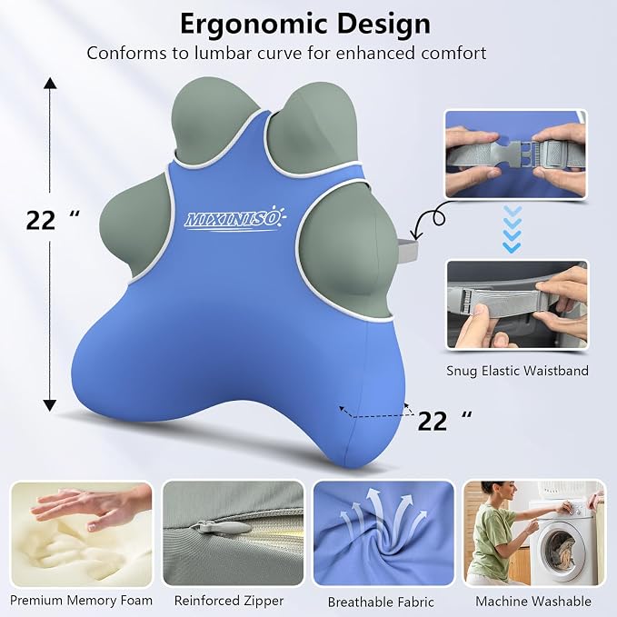 Lumbar Support Pillow for Chair, Ergonomic Back Cushion for Office, Home, Car Seats (Blue)