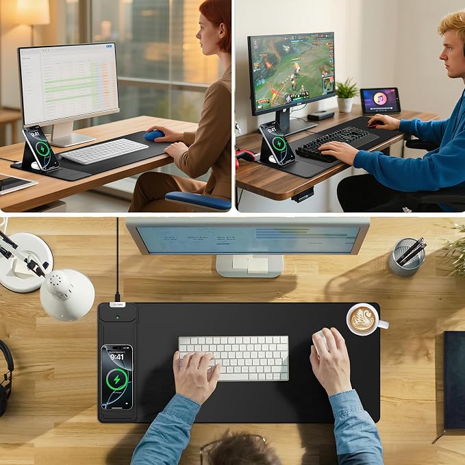 Mouse Pad with Wireless Charging & Foldable Phone Holder, 27.5"x11.8" Black | Desk Protector with Stitched Edges, Non-Slip Base, Laptop Desk Mat, Waterproof Writing Pad for Office & Home