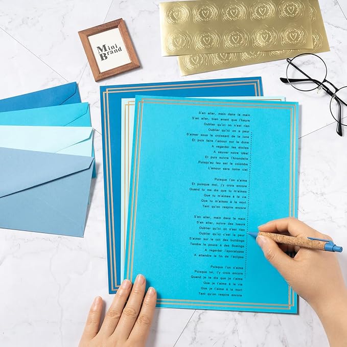 50 Pack Colored Stationery Set, 5 Colors #10 Business Envelopes, 50 Sheets 8.5x11 Paper Sheet and Gold Stickers for Office, Letters, Invitations (Blue)