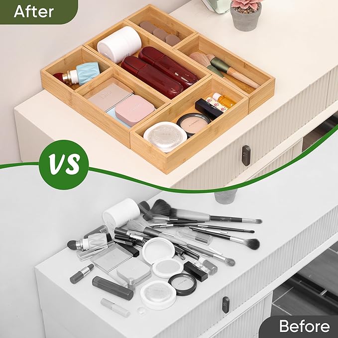 Bamboo Drawer Organizers Set, 5-Piece Multi-Use Wood Storage Organizers, Desk Drawer Tray for Kitchen, Bathroom, Office, Dresser, Bamboo Box Bin for Jewelry, Makeup, Junk, Gadgets