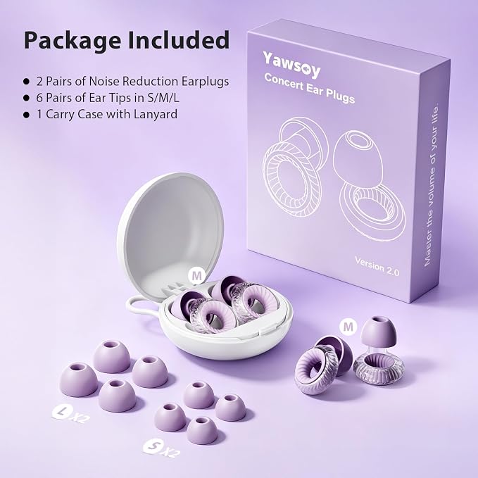 Yawsoy Concert Ear Plugs 2-Pack – High Fidelity Ear Plugs for Concerts, Music Festivals, Raves & DJs – 20dB Noise Reduction Earplugs with Hi-Fi Filters & 3-Size Silicone Ear Tips (Purple)