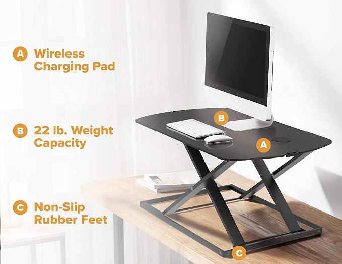 Bostitch Office Sit Stand Desk Converter, Height Adjustable Workstation Riser, Includes Wireless Charging Pad, Black (STND-3122BK)