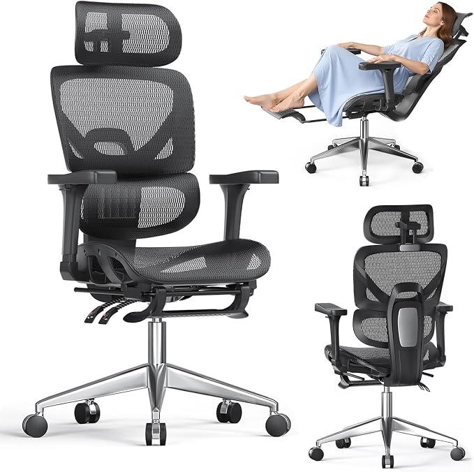 naspaluro Ergonomic Office Chair Lumbar Support High Back 350lbs Capacity | Adjustable Height Breathable Mesh Swivel Desk Chair with 3D Armrest Headrest, Footrest, PU Wheels, Comfy Computer Chair Black