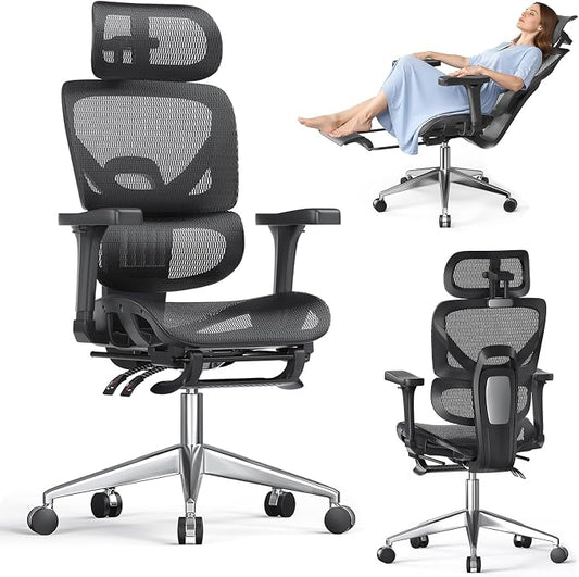 naspaluro Ergonomic Office Chair Lumbar Support High Back 350lbs Capacity | Adjustable Height Breathable Mesh Swivel Desk Chair with 3D Armrest Headrest, Footrest, PU Wheels, Comfy Computer Chair Black