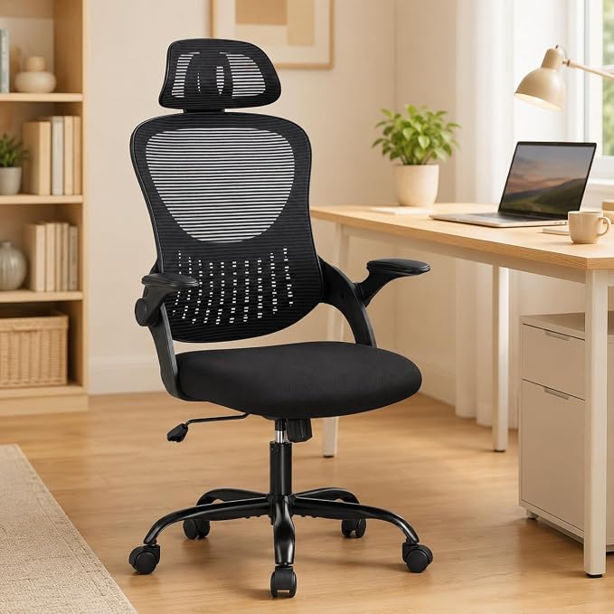 Black Ergonomic Office Chair, High Back Mesh Desk Chair with Adjustable Headrest Lumbar Support, Computer Chairs with Flip-up Armrests and Thickened Cushion for Adults Home Office, 360° Swivel
