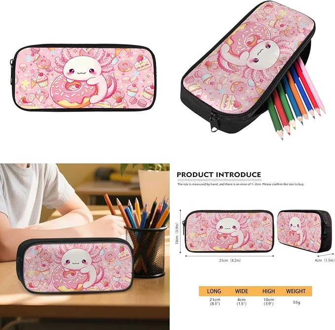 WELLFLYHOM 4 PCS Cake Donut Axolotl Backpack Set for Girls Ages 8-12 | Lightweight Elementary Daypack Set Includes Lunch Box, Pencil Case and Water Bottle Sleeve for All-Day School Use