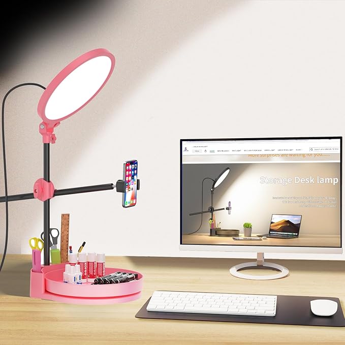 Selfie Light Kit for Desk and Laptop,55W Dimmable Full Screen Ring Light,with Rotating Storage Box,Pen Holder Stand,Phone Holder and Controller (Pink, 10.5)