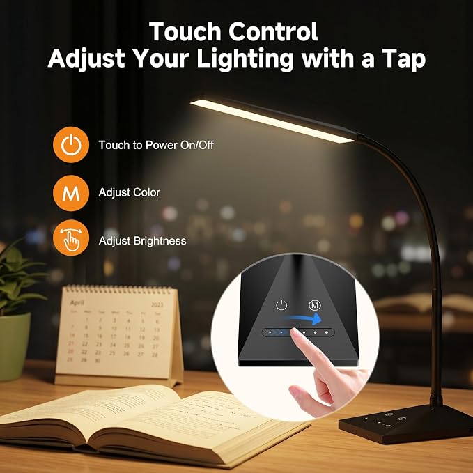LED Desk Lamp, 7W 390LM Eye-Caring Desk Light with 5 Color Modes & Stepless Dimming, 360° Flexible Gooseneck Touch Control Table Lamp for Bedroom Bedside Study Black