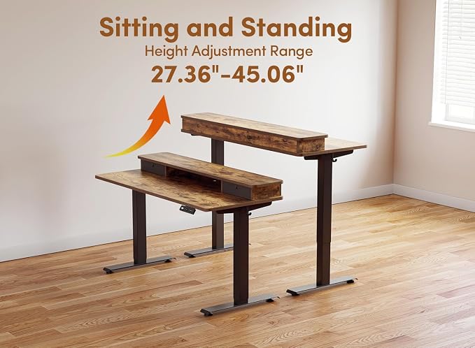 BANTI 63x28 Inch Electric Standing Desk with Dual Drawers, Stand Up Table with Storage, Adjustable Height, Deeper Wider Desktop, Black Frame/Rustic Brown Top