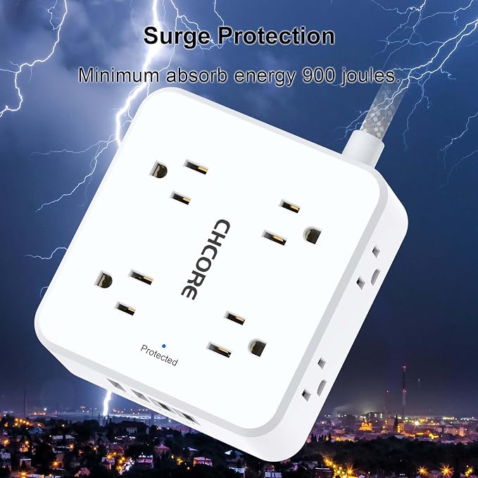Surge Protector Power Strip - CHCORE 20Ft Braided Extension Cord with 8 Outlets with 4 USB (2 USB C) Charging Ports, Flat Plug Multi Plug Outlet Extender Charging Station for Home Office, ETL, White