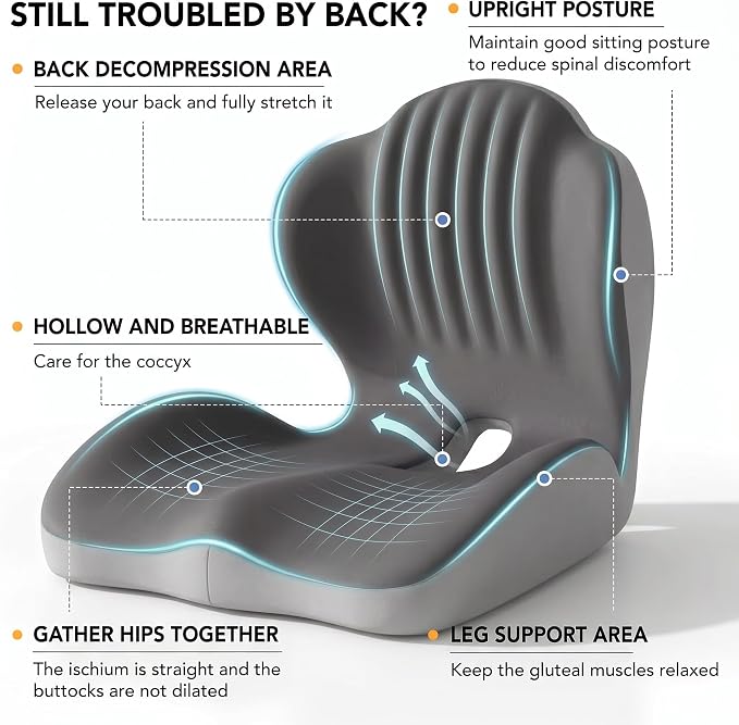 Ergonomic Seat Cushion with Lumbar Support (Grey) | Office Chair Seat Cushion, Memory Foam Orthopedic Cushion with Tailbone Hollow, Sciatica & Back Pain Relief for Long Sitting