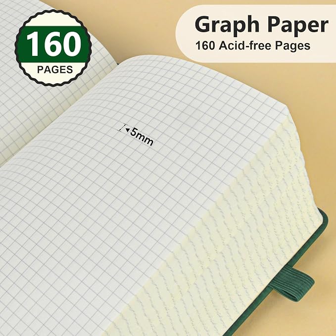 PERCUN A5 Hardcover Graph Paper Notebook, 5.9”x8.5” Leather Journal for Women & Men, 160 Pages Grid Paper Composition Notebook for Work, School, Math, Quad Ruled Writing Journals,Graphing (Green)