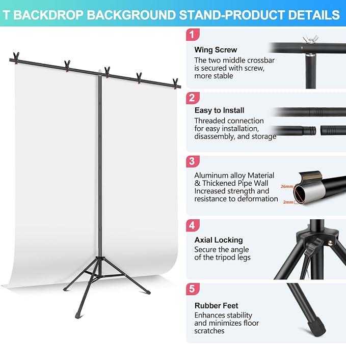 White Backdrop with Stand for Photoshoot, 5X6.5ft White Photo Backdrop with T Shape Background Backdrop Stand for Photography, Portable Photo Backdrop Curtain Stand Kit w Carrying Bag 5 Spring Clamps