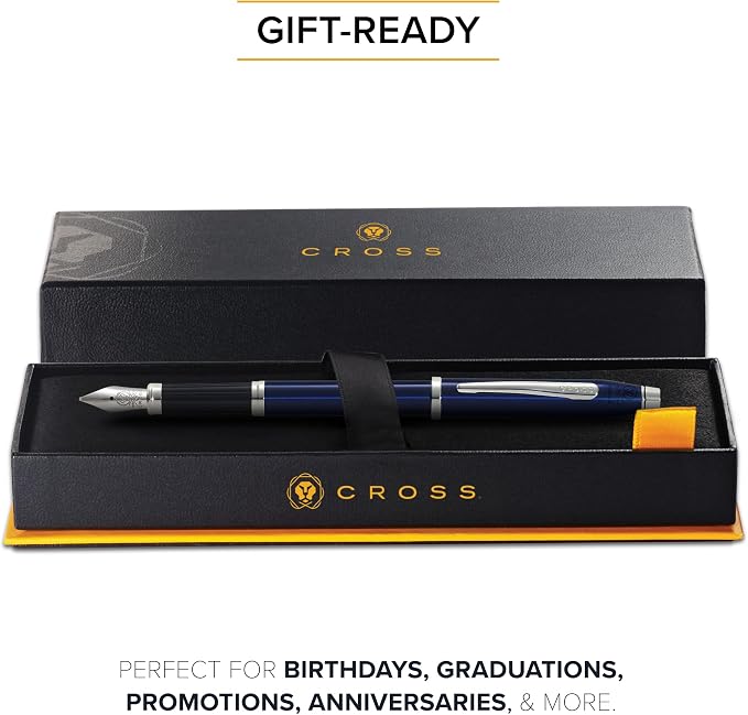 Cross Century II Translucent Blue Lacquer Medium Nib Fountain Pen - Professional Pen for Everyday Use - Smooth Writing - Comfortable Grip - Black Ink - Durable Construction