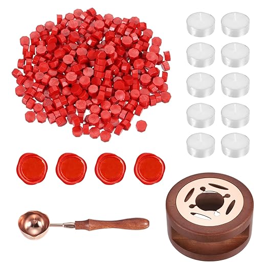 PATIKIL Wax Seal Kit, 300 Pcs Wax Sealing Beads, Wooden Warmer, Melted Spoon, 10 Pcs Tealight Candles for Envelope Letter Mailing Crafts DIY, Red