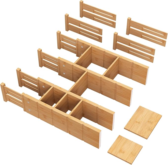 4.4" High Bamboo Drawer Dividers with Inserts, Kitchen Adjustable Drawer Organizers, Expandable Organization for Home, Office, Dressers, and Bathroom, 4 Divider with 8 Insert