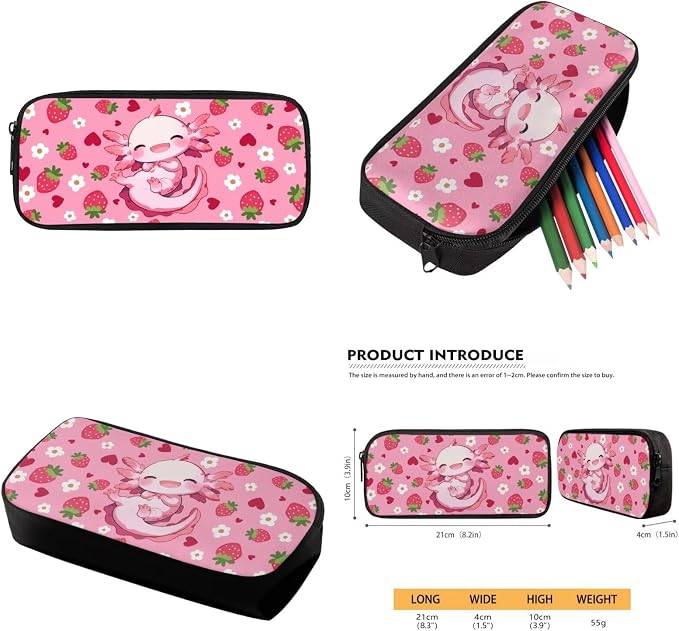 WELLFLYHOM Custom Axolotl Girls Elementary Backpack with Lunch Box Pencil Pouch Water Bottle Sleeve Strawberry 4 Pcs Kids School Book Bag Daypack Set for School Sport Travel