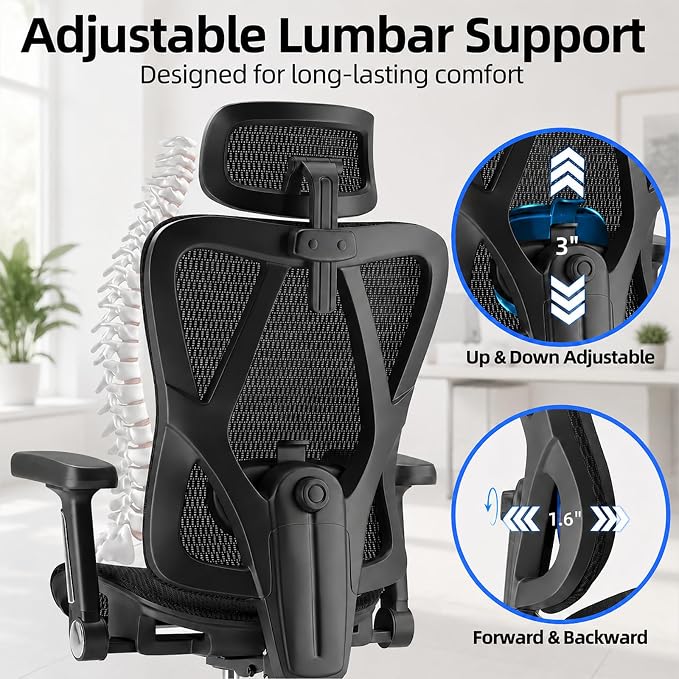 Ergonomic Office Chair, Full Mesh Desk Chair with 5D Armrests, Adjustable Lumbar Support and Headrest, 135° Stepless Reclining Backrest, Home Office Computer Chair