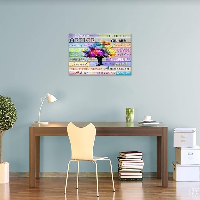 Inspirational Wall Art for Office Team Rules Wall Art Office Wall Decor Motivation Positive Quotes Wall Decor Colorful Tree Signs Framed Painting Prints Artwork for Home 36x24in Framed