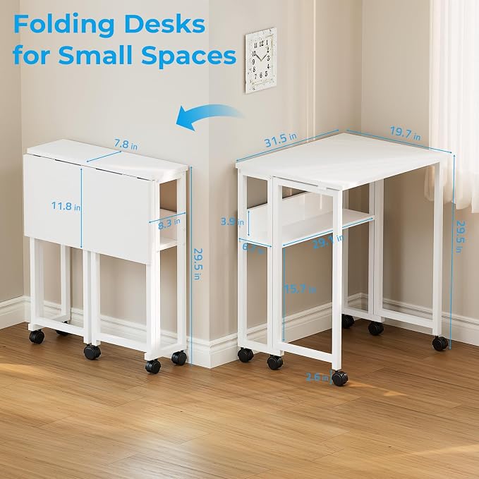 GreenForest Folding Desk with Wheels, 31.5 Inch Compact Rolling Computer Table with Storage Shelf, Portable Mobile Workstation for Small Spaces, Easy Assembly, Pure White