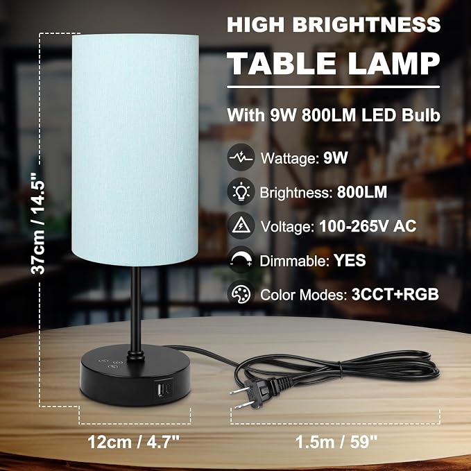Unicozin Table Lamp for Bedroom, 3 Color Temperatures, 7 RGB Colors, Adjustable Brightness, Dual USB Charging Ports, Ambience Nightstand Light with Blue Shade, Desk Lamp for Kids Reading Home Office