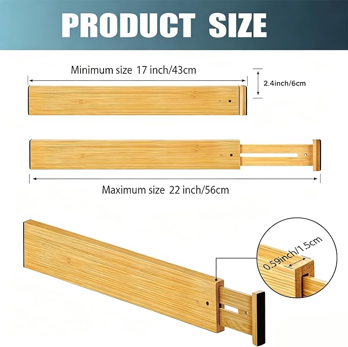 4 Pack Bamboo Drawer Divider, 17-22" Adjustable Organizers | Expandable bamboo separators, firm spring design, great for kitchen, dresser, closet, bathroom and bedroom organization