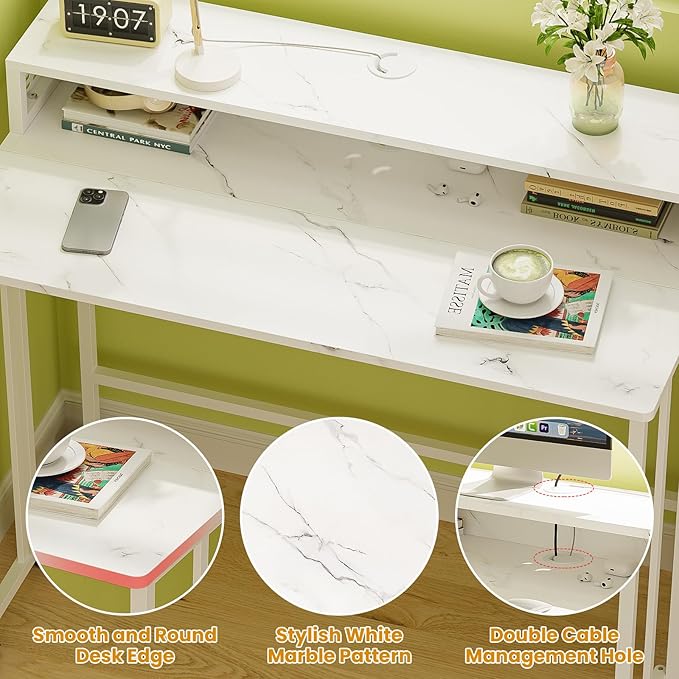 Gezen Folding Desk with Storage Shelf, Mobile Couch Desk Sofa Side Table Bed for Home Office Small Space, White Marble, 31.5